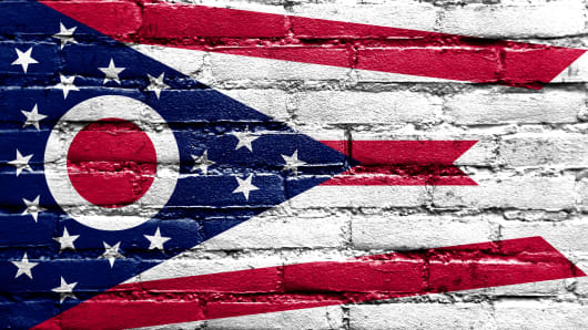 Ohio State Flag painted on brick wall