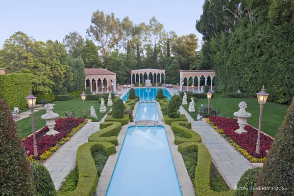 Tiered pools and lush gardens at the Beverly House