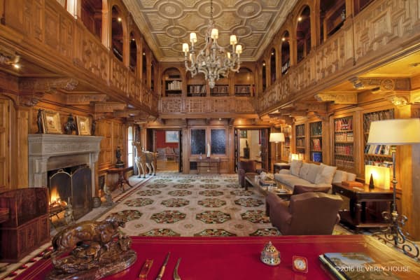 Two-story library inside the Beverly House