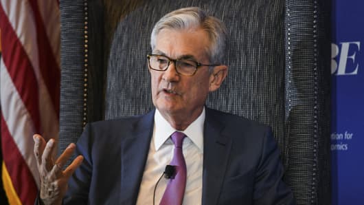 Jerome Powell, chairman of the U.S. Federal Reserve, speaks during the NABE annual meeting in Denver, Colorado, U.S., on Tuesday, Oct. 8, 2019.