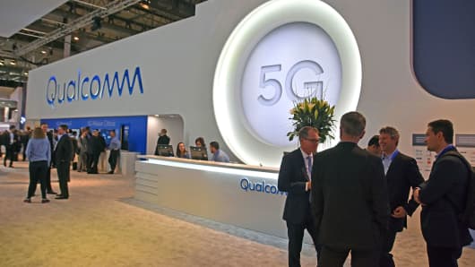 View of the phone company QUALCOMM technology 5G in the Mobile World Congress.
